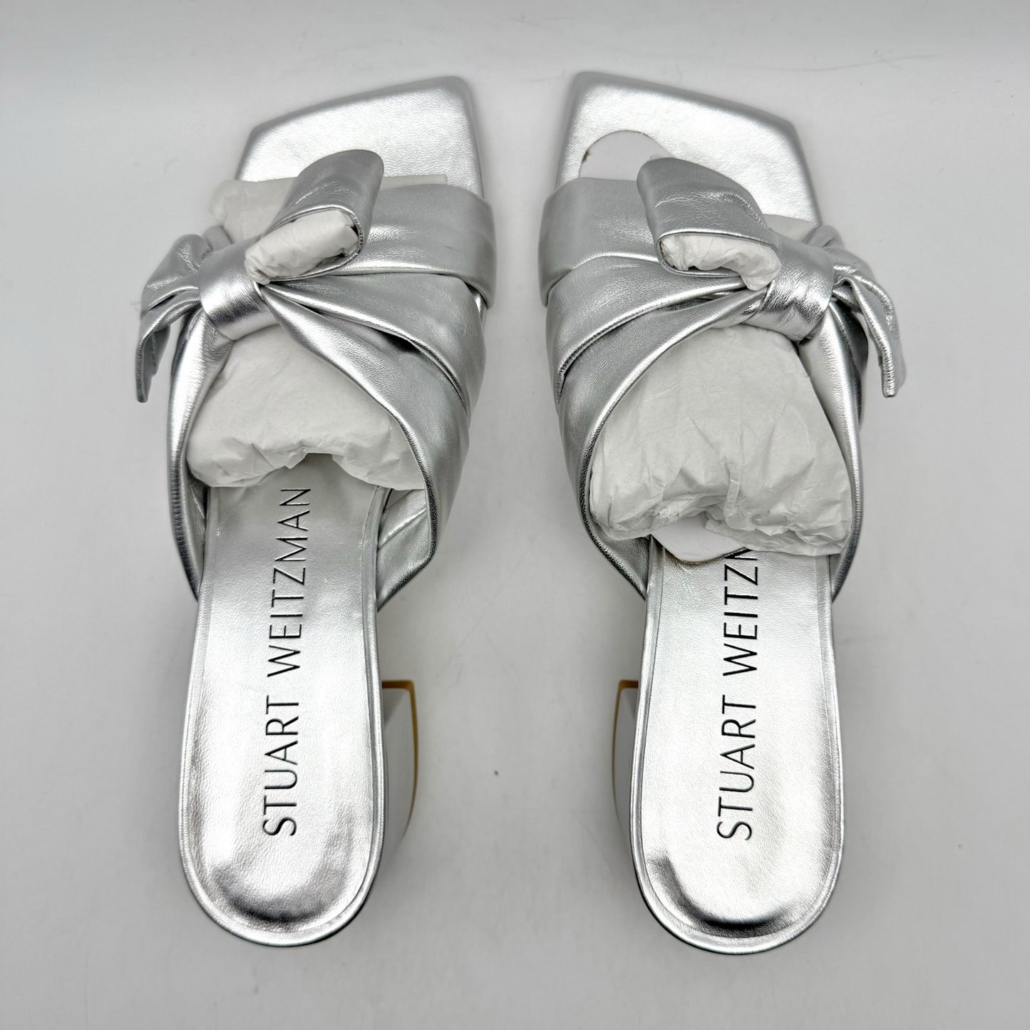 Stuart Weitzman Womens Sofia 45 Slide High Heels Size 6 Silver Leather Bow NIB