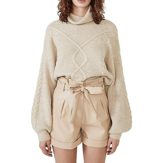 BARDOT Women's Maya Cable Knit Sweater Small Beige Pebble Balloon Sleeves NWT