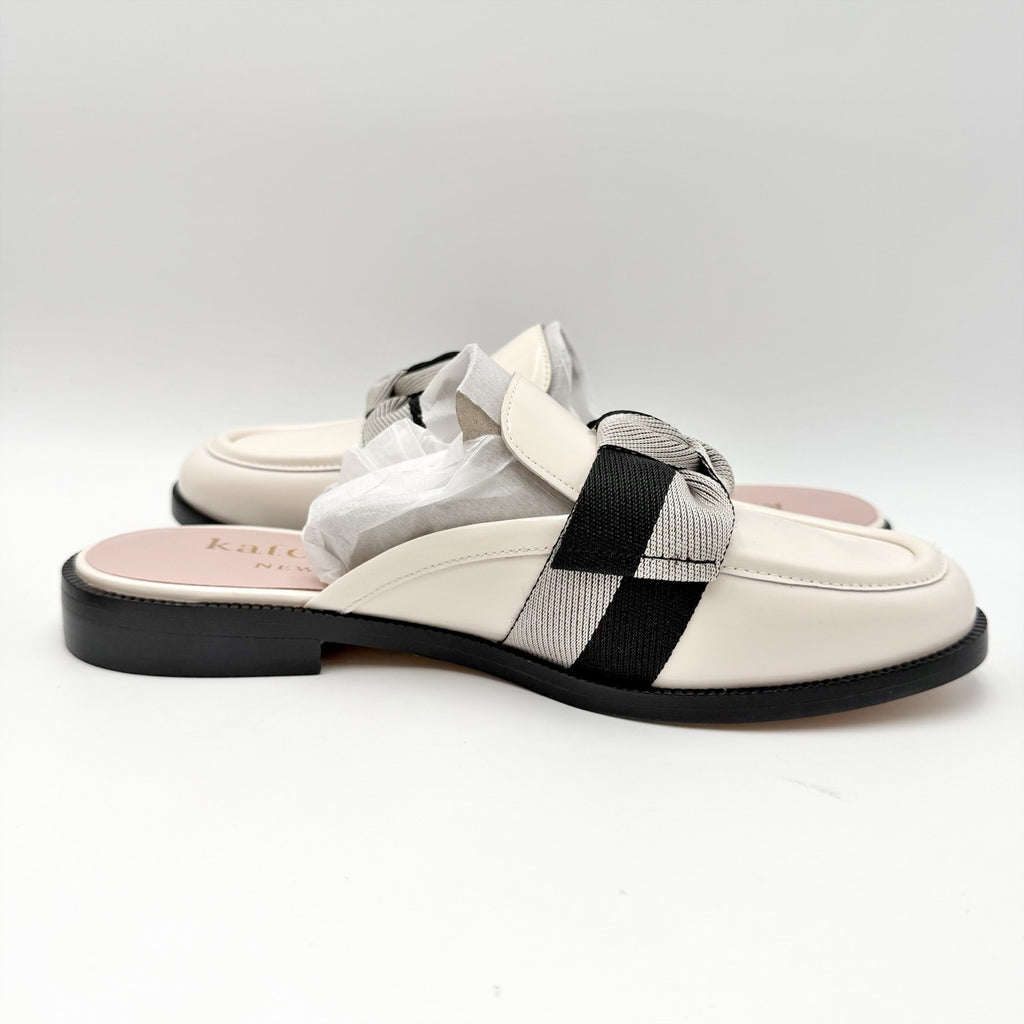Kate Spade Womens Leandra Mule Loafer Size 9 Cream Patent Leather Twill Bow NIB