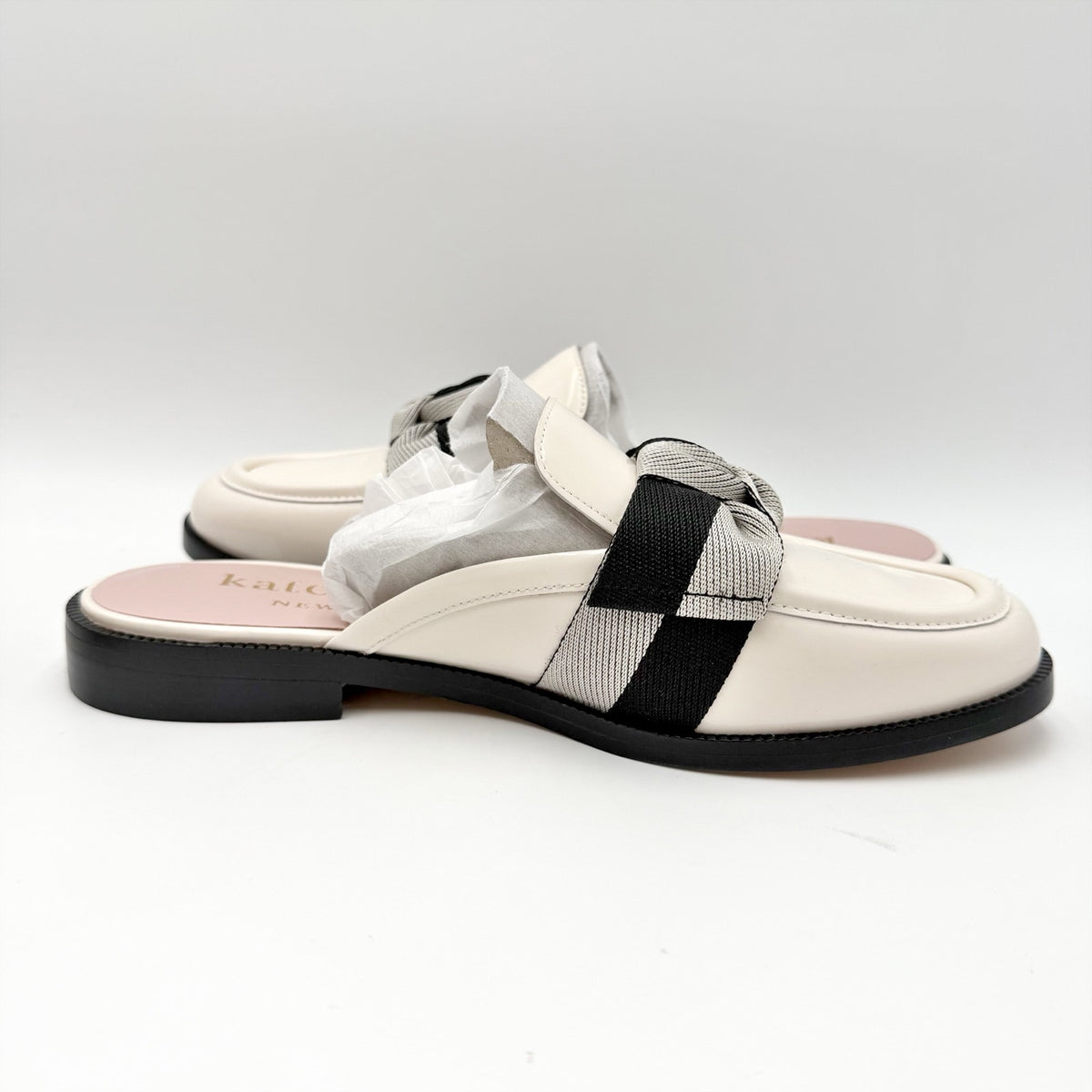Kate Spade Womens Leandra Mule Loafer Size 9 Cream Patent Leather Twill Bow NIB