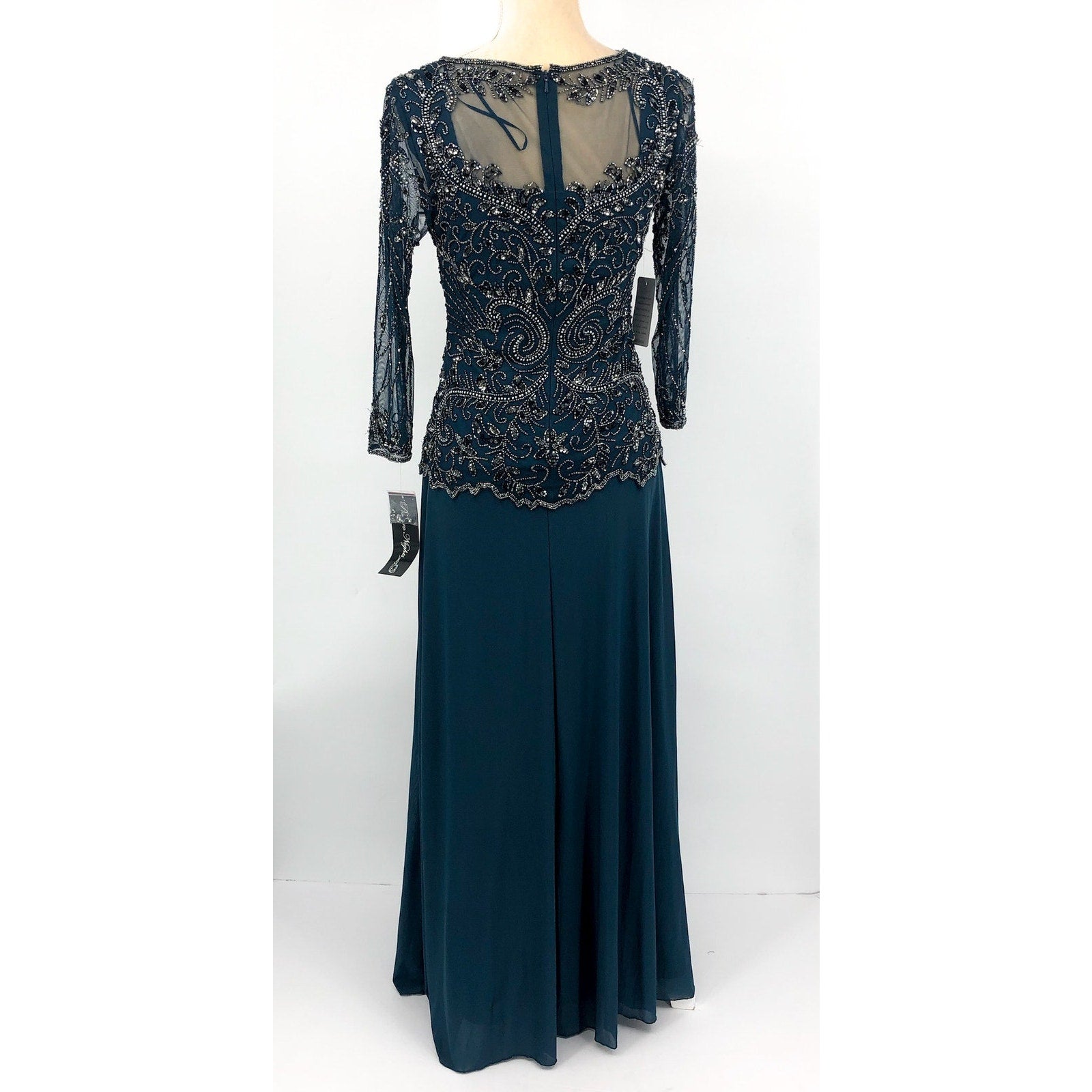 PISARRO NIGHTS Beaded Mesh Gown Size 4 Blue Rich Sapphire Mock Two-Piece NWT