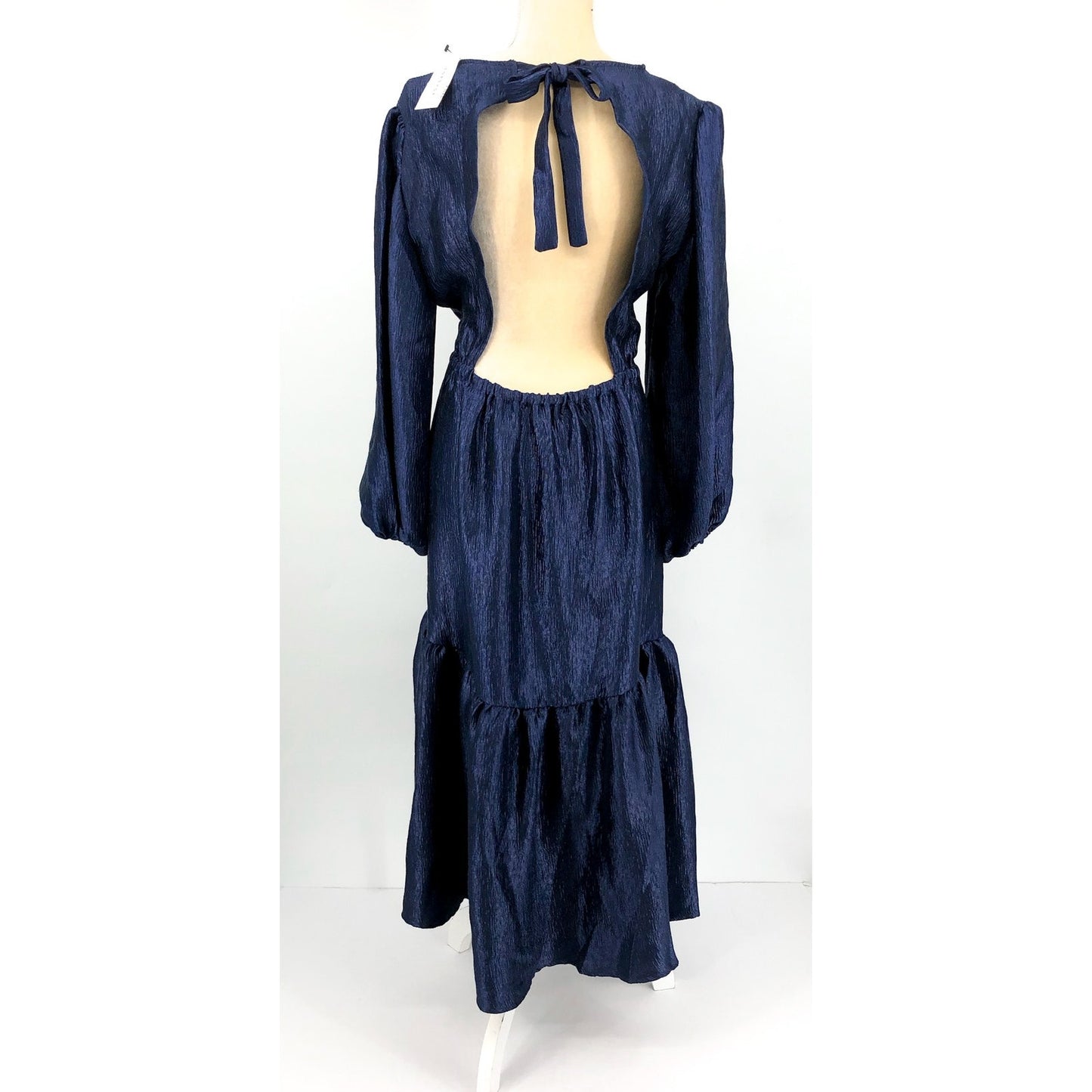 TOPSHOP Open Back Midi Dress Size 8 Midnight Blue Textured Jacquard Boho NWT