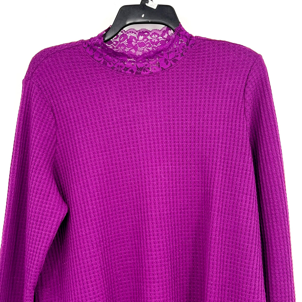 LOGO LORI GOLDSTEIN Metallic Waffle Knit Top Medium Purple Long Sleeve NWOT