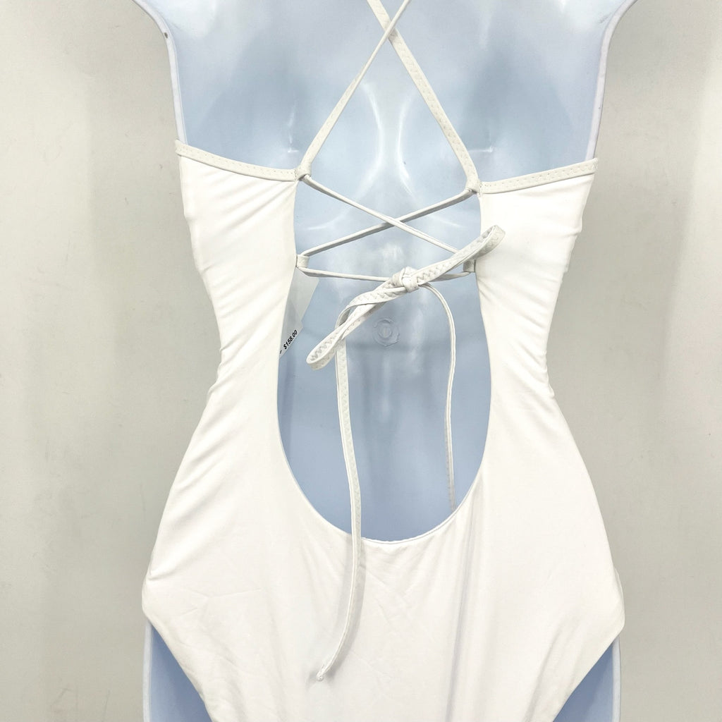 BECCA Colette Clare Plunge One Piece Swimsuit Small White Crochet Flower NWT
