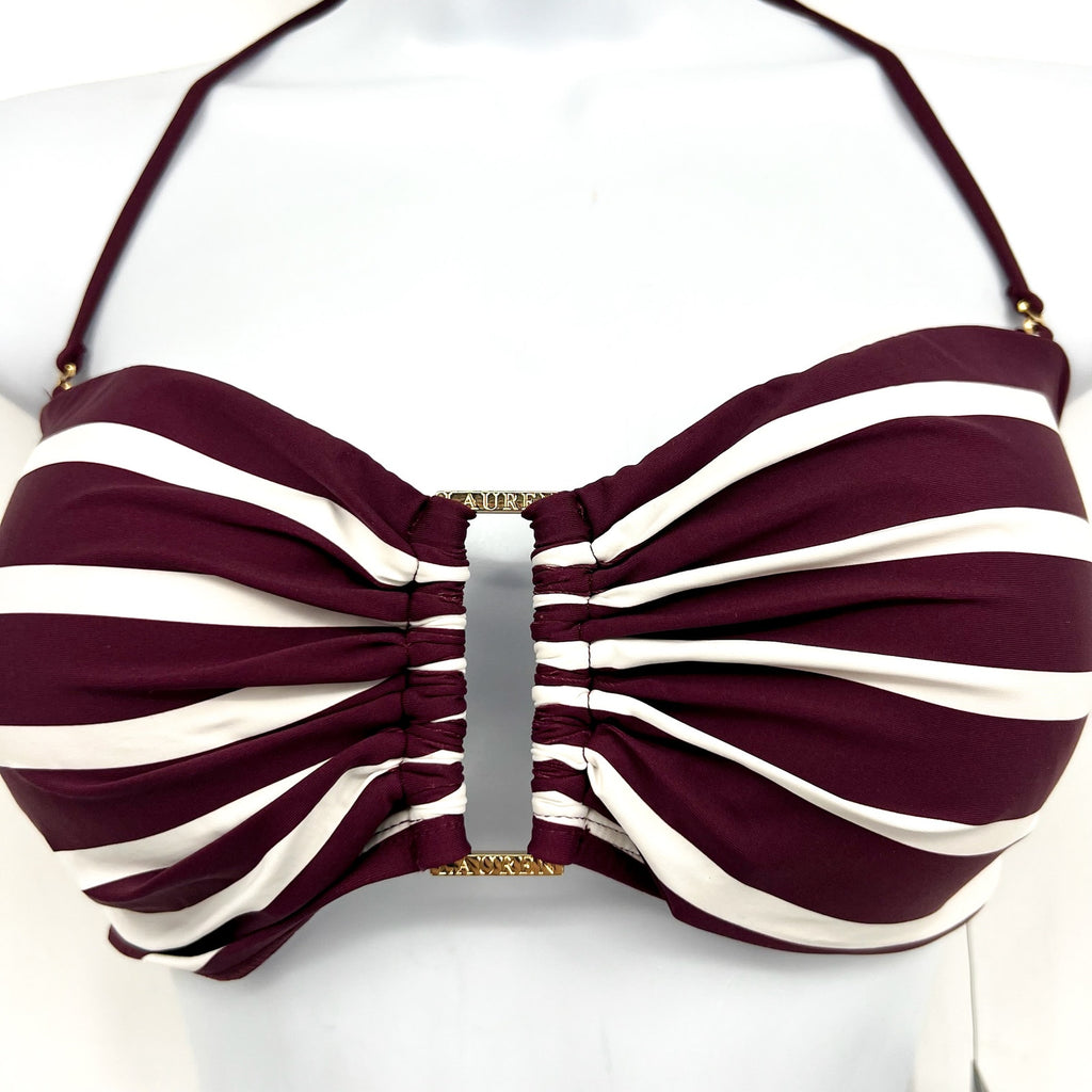 LAUREN RALPH LAUREN Largo Stripe Ring Bandeau Bikini Top Size 14 Red Claret NWT