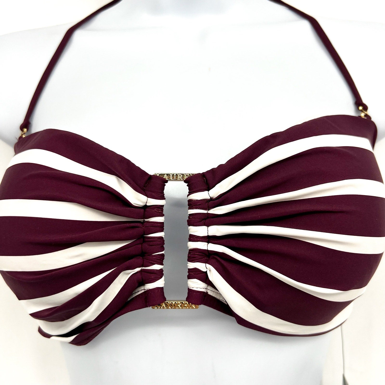 LAUREN RALPH LAUREN Largo Stripe Ring Bandeau Bikini Top Size 14 Red Claret NWT
