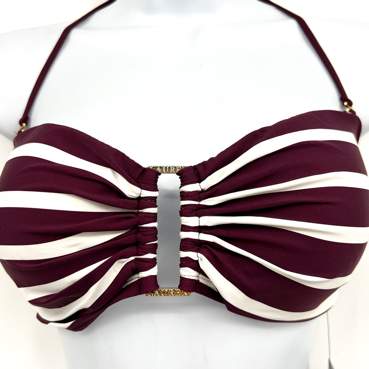 LAUREN RALPH LAUREN Largo Stripe Ring Bandeau Bikini Top Size 14 Red Claret NWT