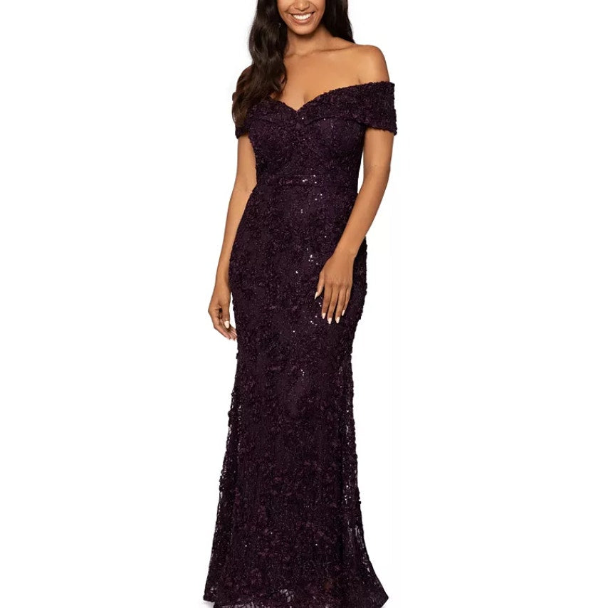 XSCAPE Jill Embroidered Lace Gown Size 12 Purple Off The Shoulder 4618X NWT
