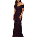 XSCAPE Jill Embroidered Lace Gown Size 12 Purple Off The Shoulder 4618X NWT