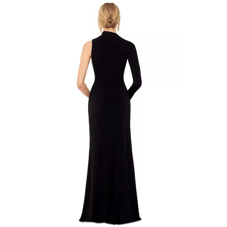 BETSY & ADAM One Shoulder Gown Size 12 Black Long Sleeve A22317N Dress NWT