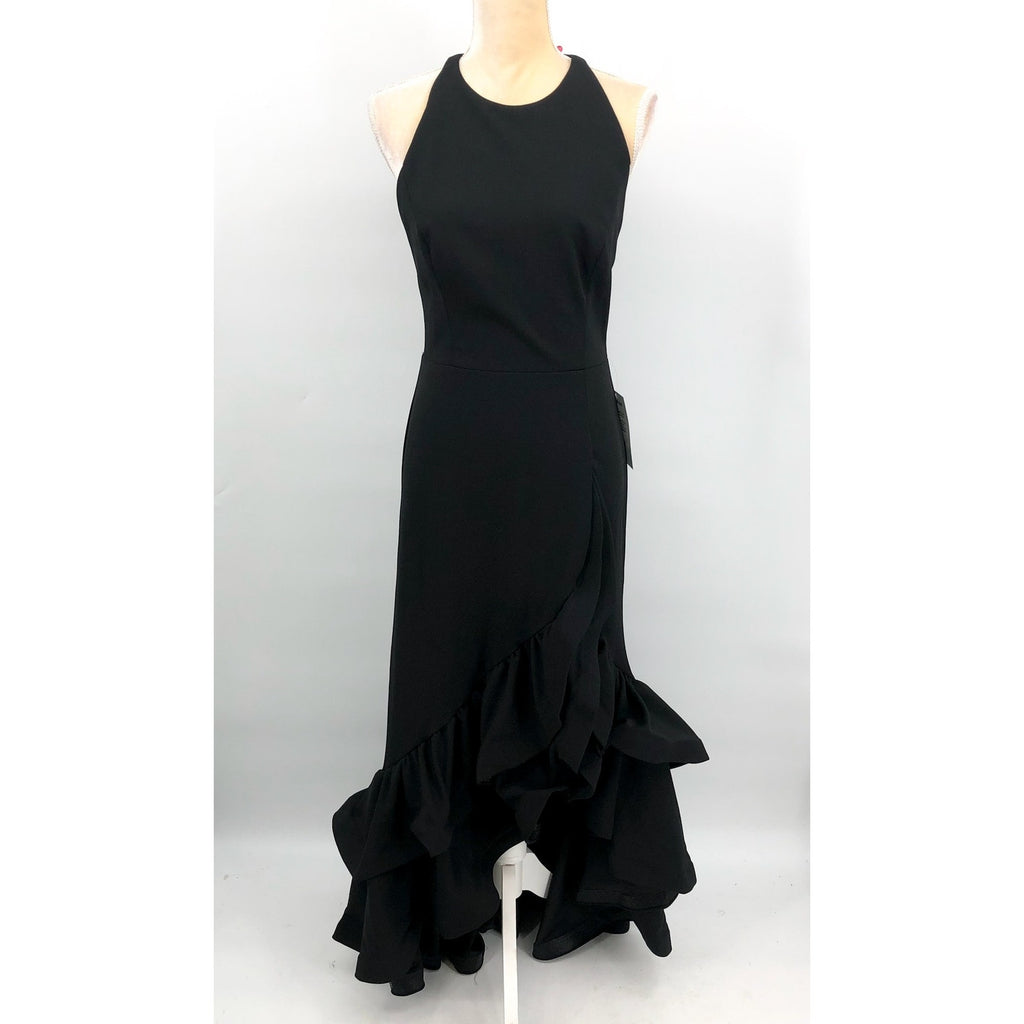 BETSY & ADAM Womens Arielle Scuba Crepe Ruffle Slit Gown 12 Black Sleeveless NWT