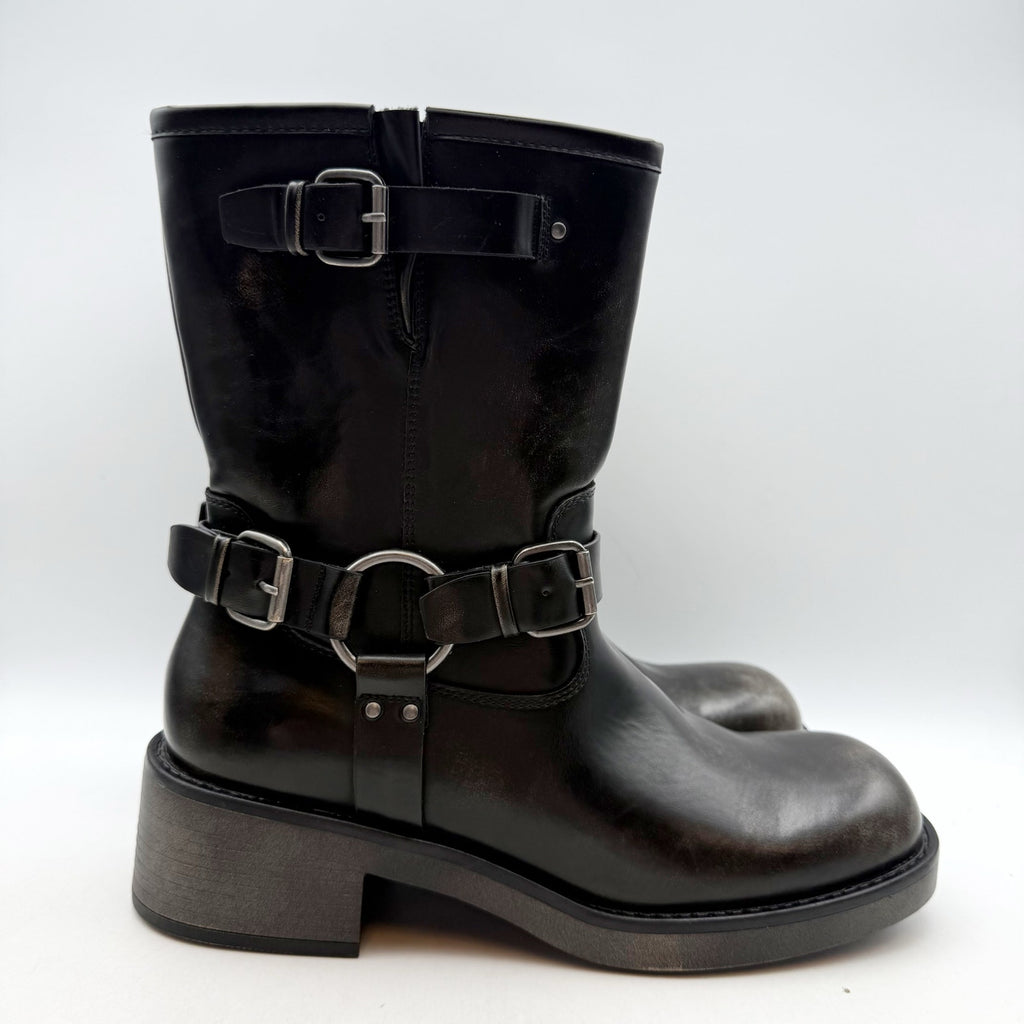 Bullboxer Womens Cora Motorcycle Boots US 8.5 Black Distressed Leather NWOB