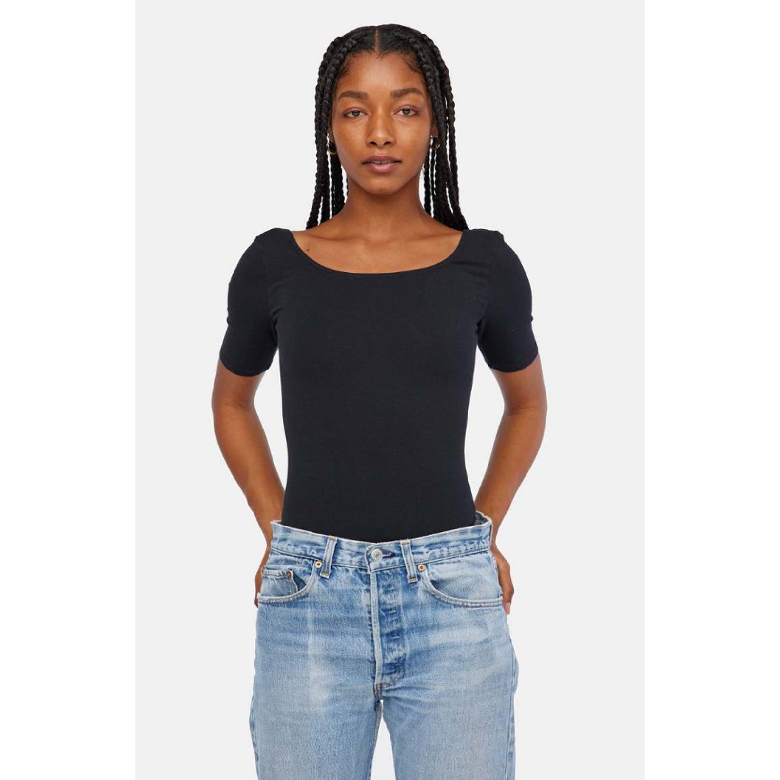 LACAUSA ANTHROPOLOGIE Womens Dawn Bodysuit Large Black Tar Short Sleeve NWT
