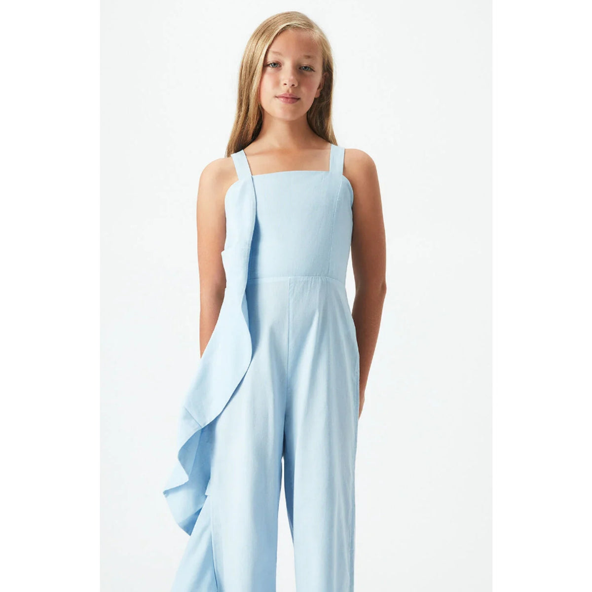 BARDOT JUNIOR Girls Nelly Ruffle Jumpsuit Size 6 Small Sky Blue Square Neck NWT