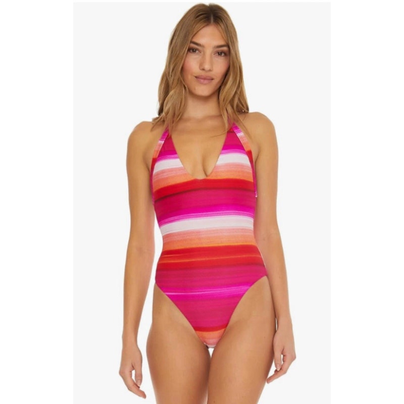 TRINA TURK Women's Solstice Plunge One Piece Swimsuit Size 4 Pink Multi NWT