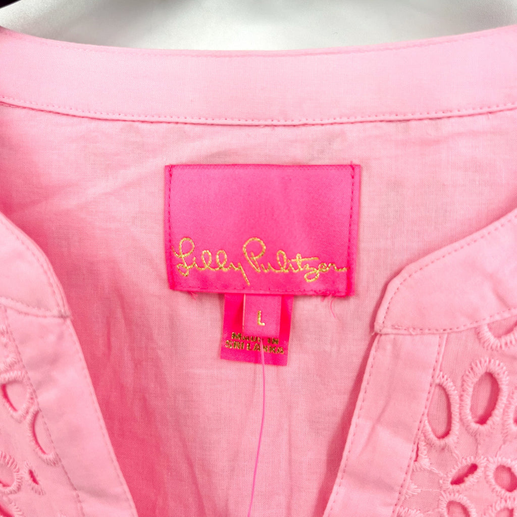 LILLY PULITZER Womens Bekah Eyelet Mini Dress Large Pink Peony Ruffle Hem NWOT