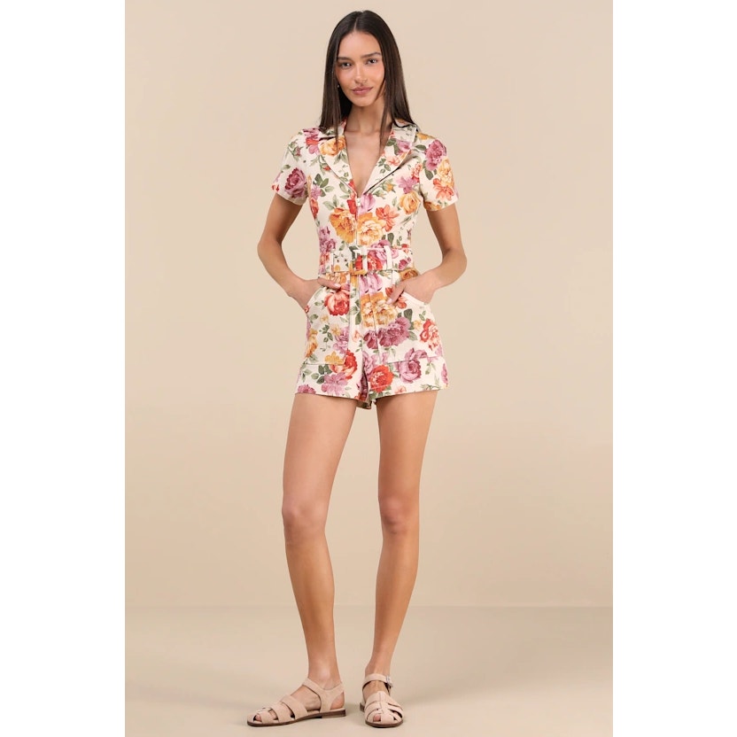 SHOW ME YOUR MUMU Womens Outlaw Romper XS Ivory Floral Denim Belted NWOT