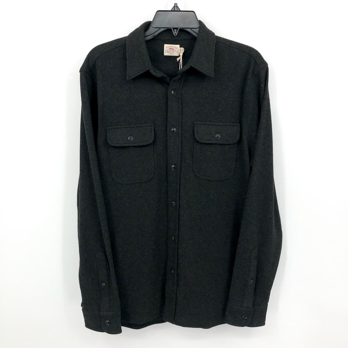 FAHERTY Mens Legend Sweater Shirt Medium Heathered Black Twill Long Sleeve NWT