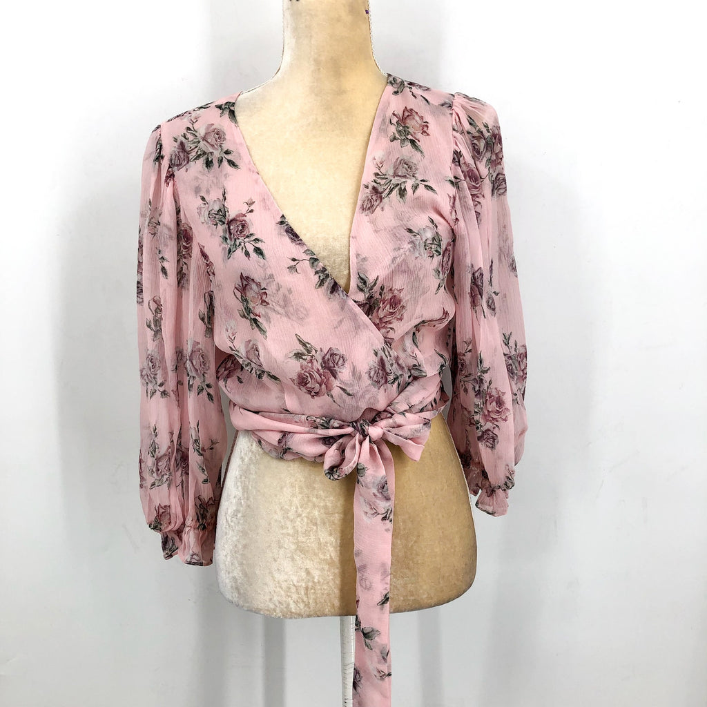 LOVE SHACK FANCY Domino Wrap Top Large Pink Dream Floral Silk Long Sleeve NWOT