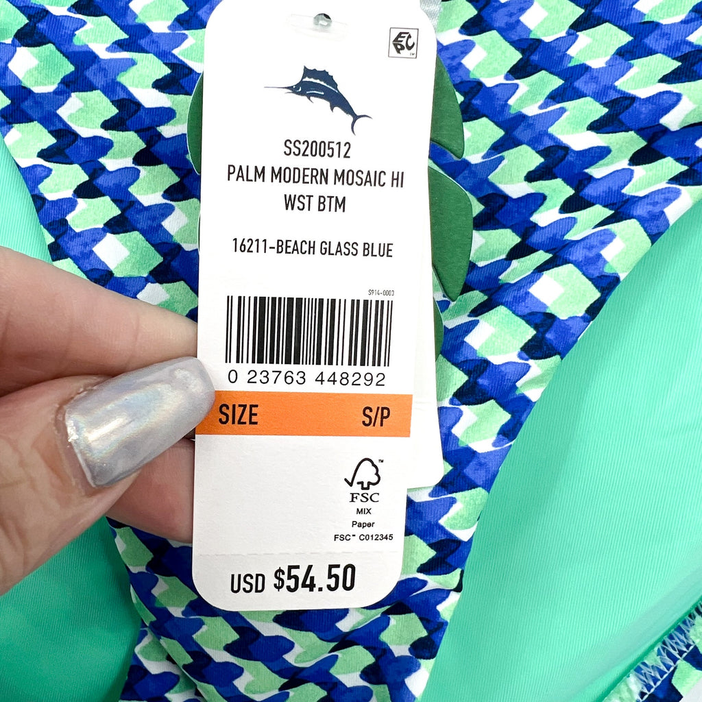 TOMMY BAHAMA Mosaic Bikini Bottoms Small Beach Glass Blue Palm Modern NWT