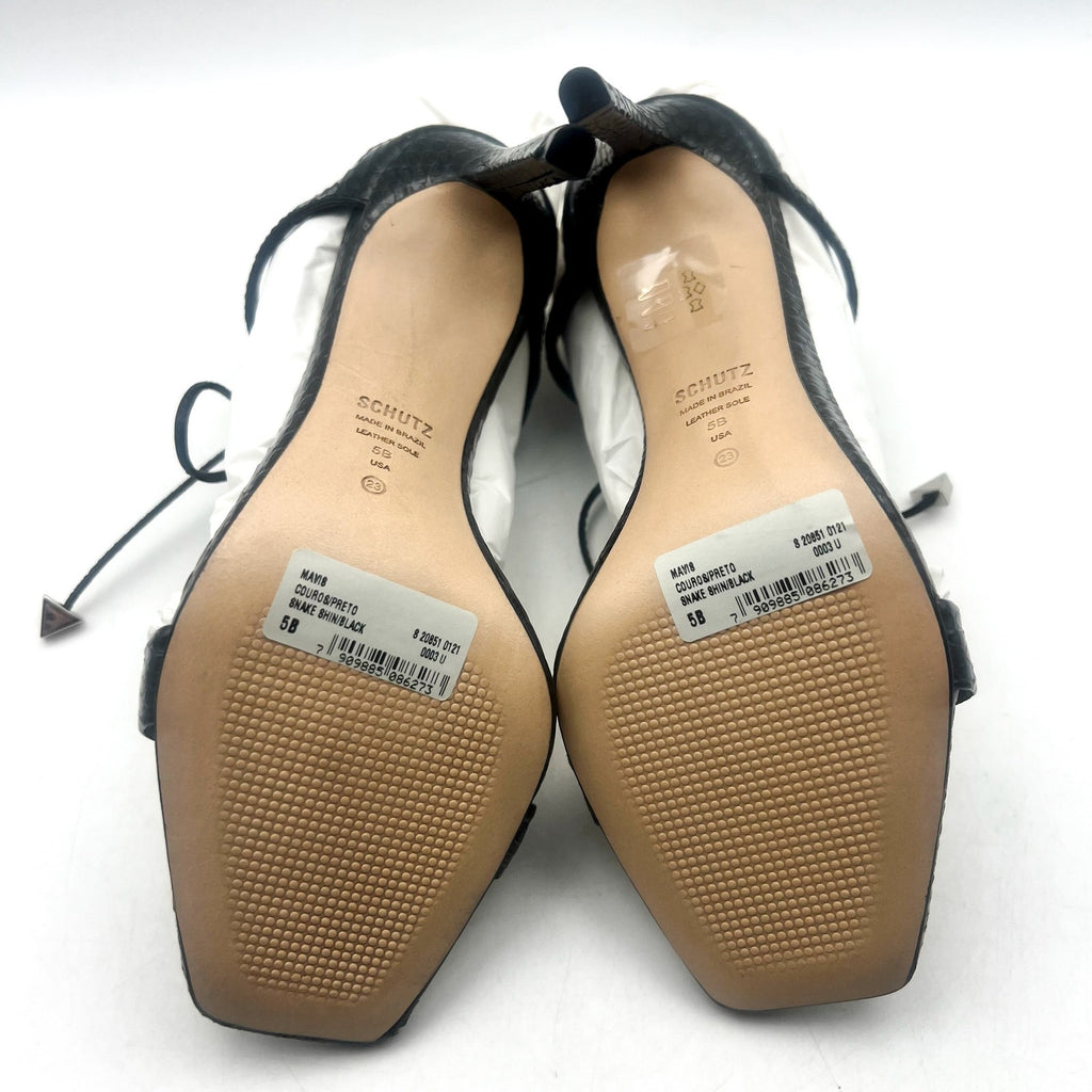 SCHUTZ Womens Mavis Heel Sandals Size 5 B Black Snake Shine Leather NIB