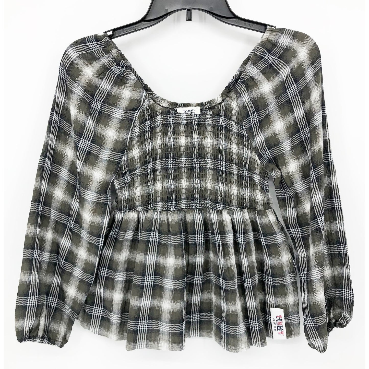 TOMMY JEANS Women's Plaid Peplum Top XS Green Thyme 3/4 Sleeve NWT