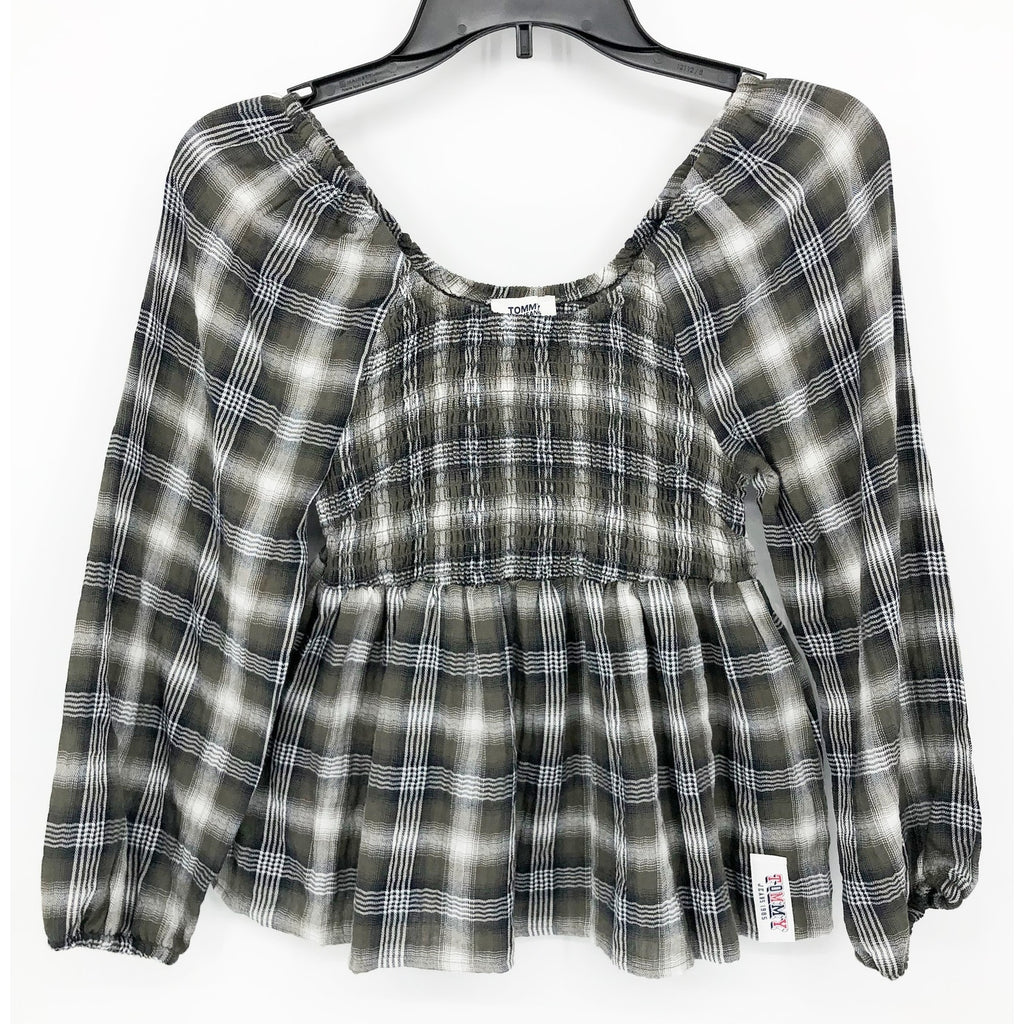 TOMMY JEANS Women's Plaid Peplum Top XS Green Thyme 3/4 Sleeve NWT