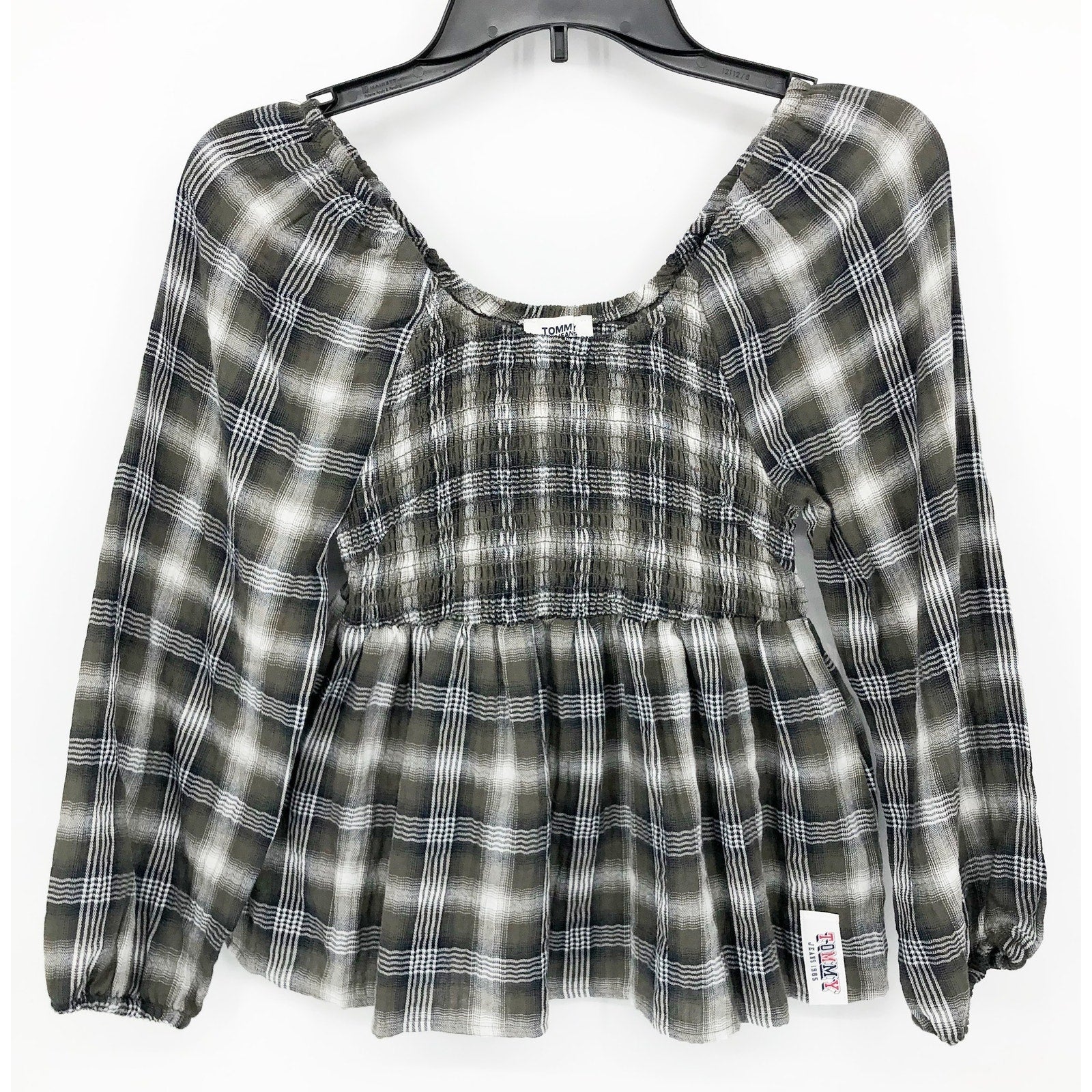 TOMMY JEANS Women's Plaid Peplum Top XS Green Thyme 3/4 Sleeve NWT