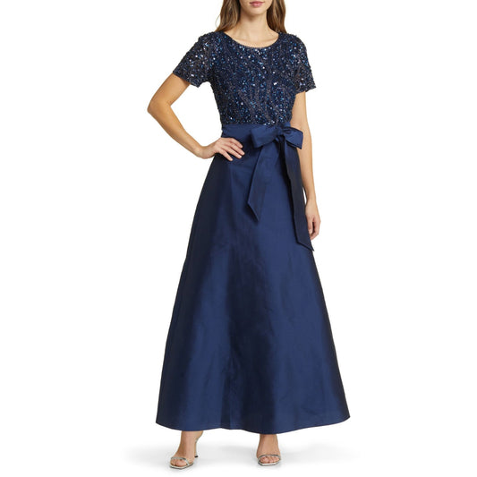 PISARRO NIGHTS Beaded Sequin Taffeta Skirt Gown 18W Navy Blue NWT