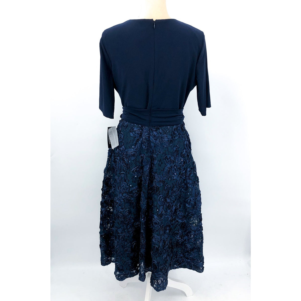 ALEX EVENINGS Womens Tea Length Soutache Dress Size 12 Petite Navy Blue Belt NWT