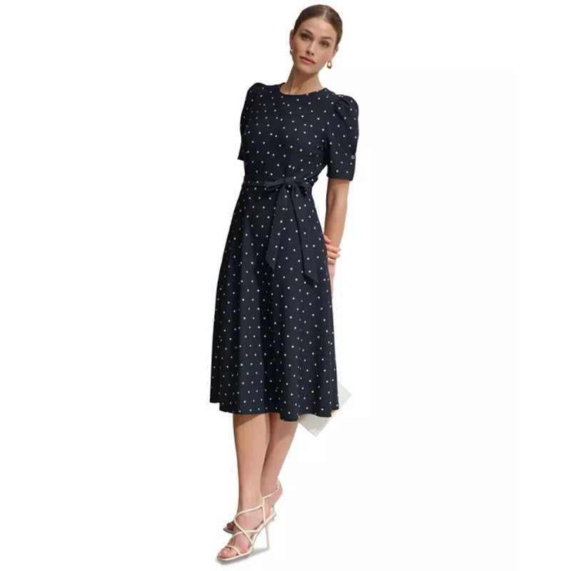 DKNY Women's Polka-Dot Puff-Sleeve Midi Dress Size 12 Navy Waist Tie Belt NWT
