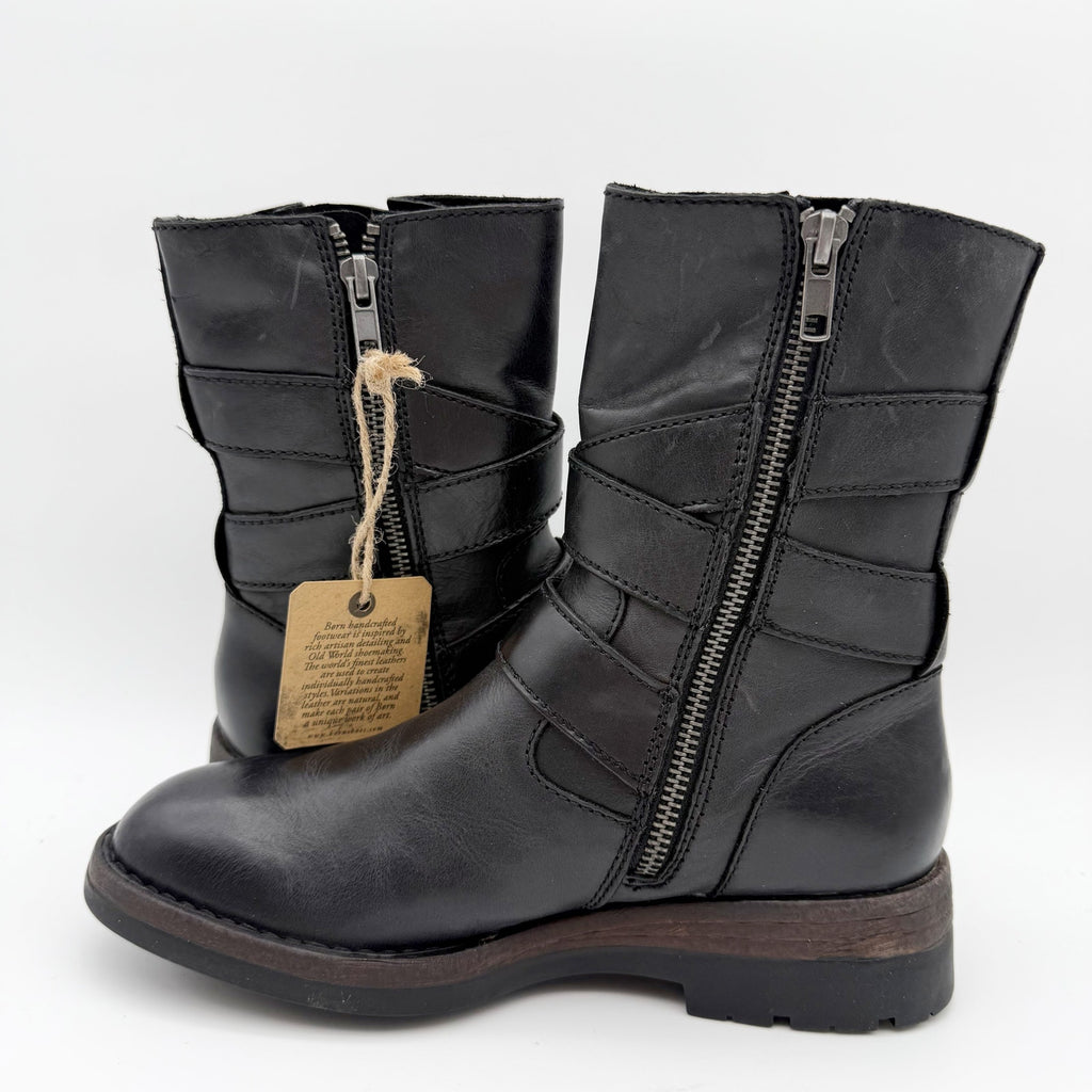 Born Womens Mayne Mid Calf Boots US 6 M EU 36.5 Black Leather Combat Buckle NIB