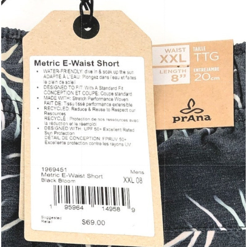 PRANA Men's Metric Board Short Size XXL Black Bloom 8" inseam Drawstring NWT