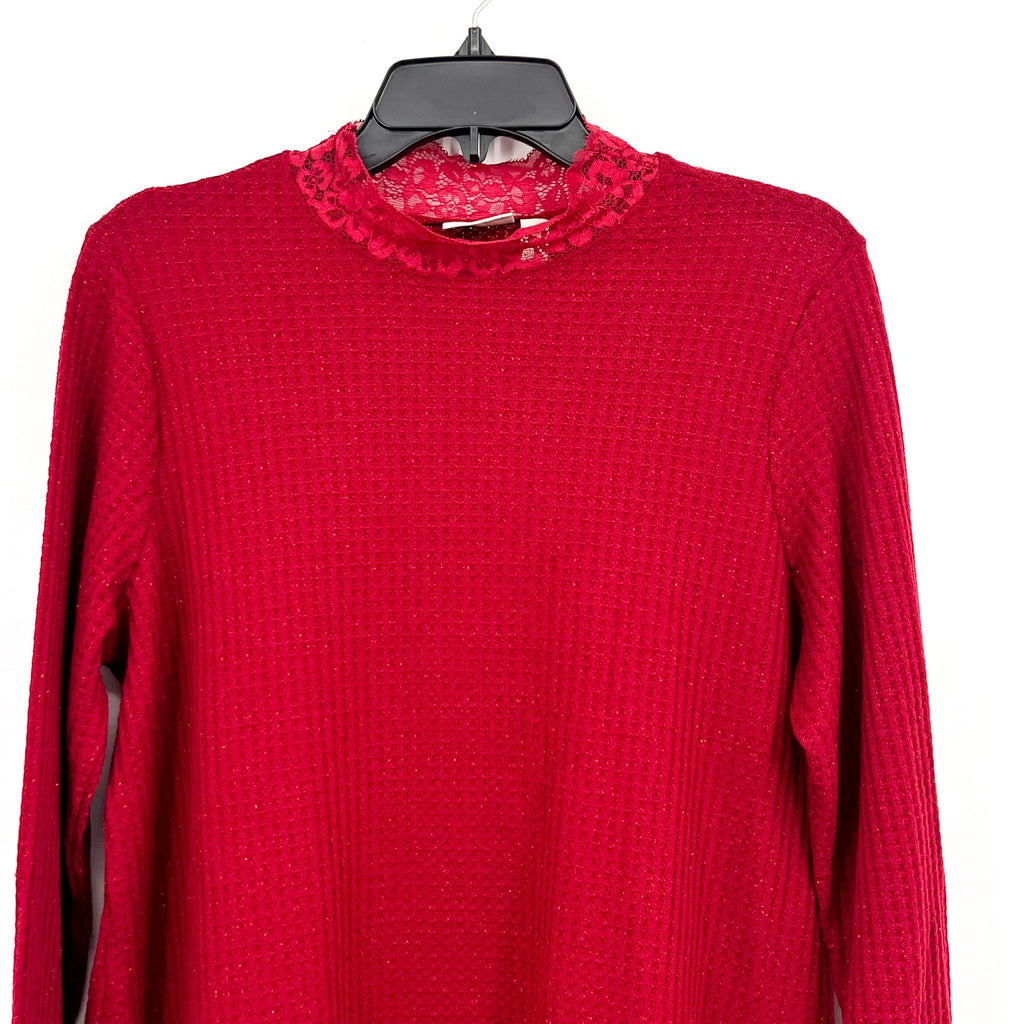 LOGO LORI GOLDSTEIN Metallic Waffle Knit Top Medium Rumba Red Long Sleeve NWOT