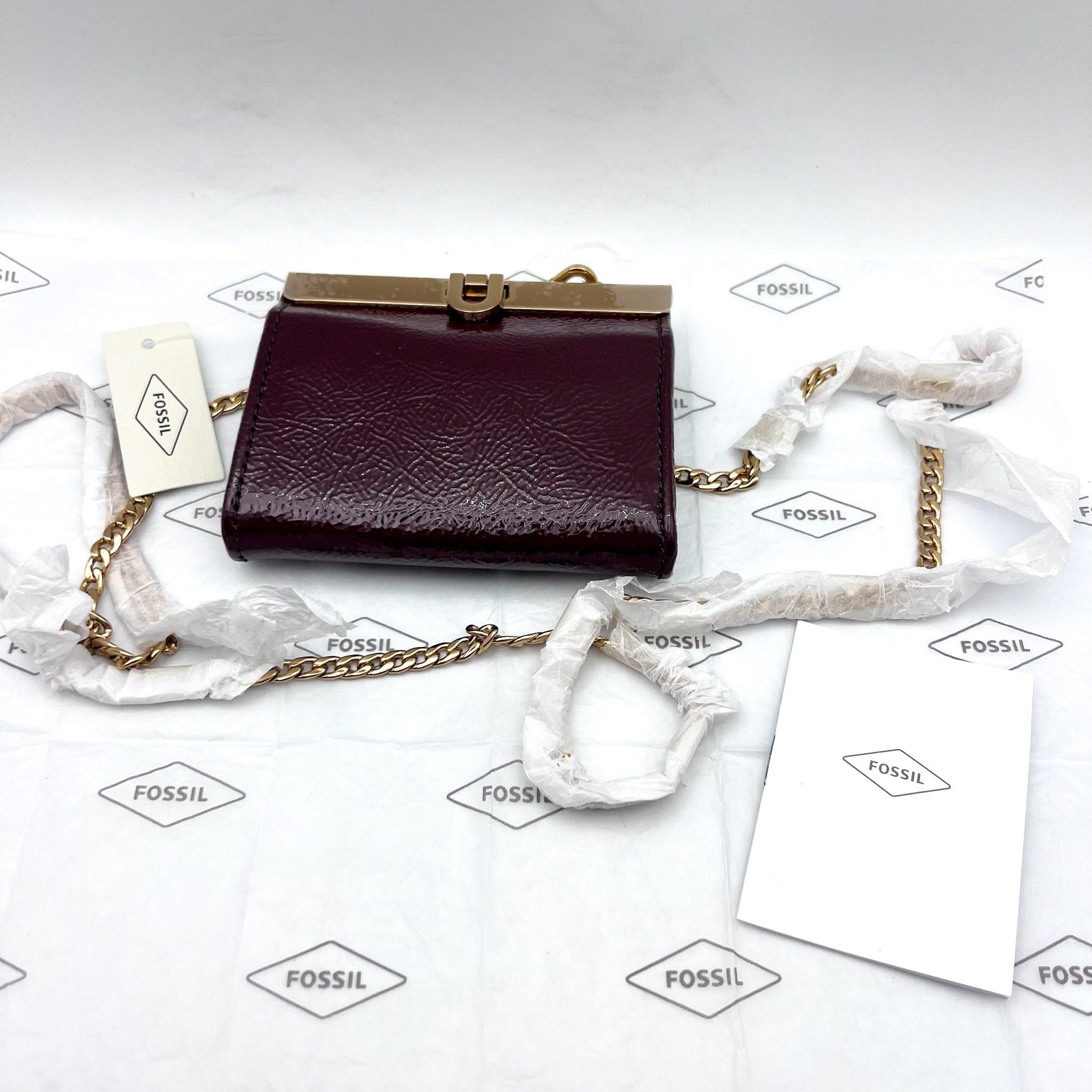 FOSSIL Penrose Wallet Crossbody Bag Small Red Mahogany Chain Strap NWT