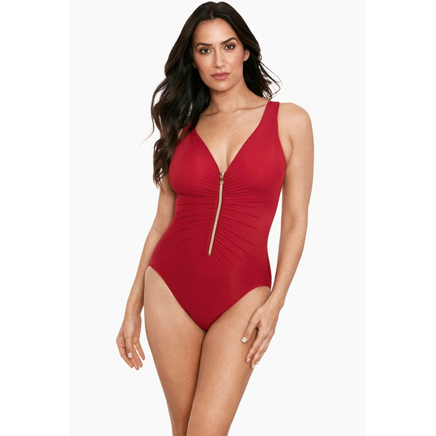 MIRACLESUIT Women's Razzle Dazzle Zipt One-Piece Swimsuit Size 16 Red Ruched NWT