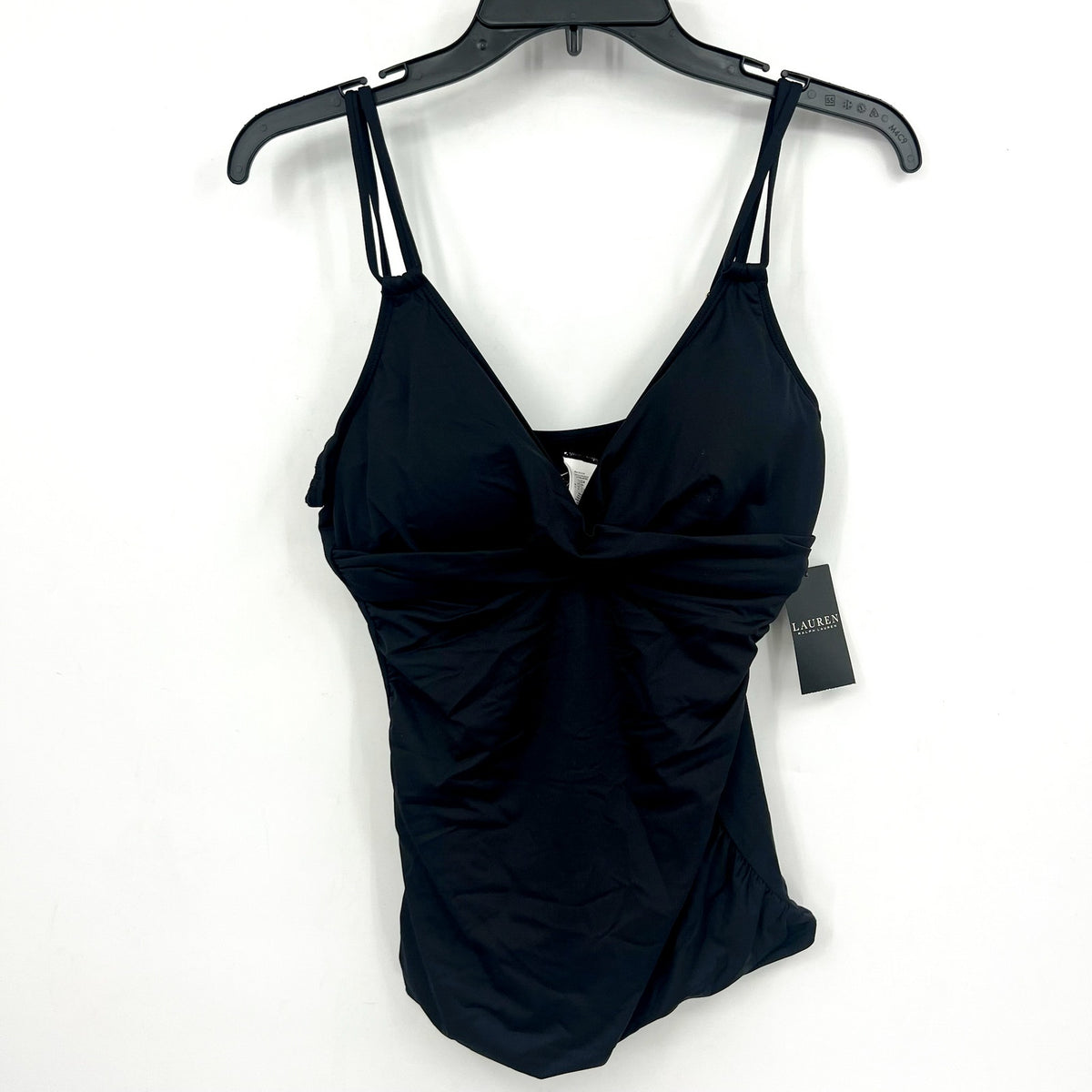 LAUREN RALPH LAUREN Double Strap Twist Tankini Top Size 10 Black Underwire NWT