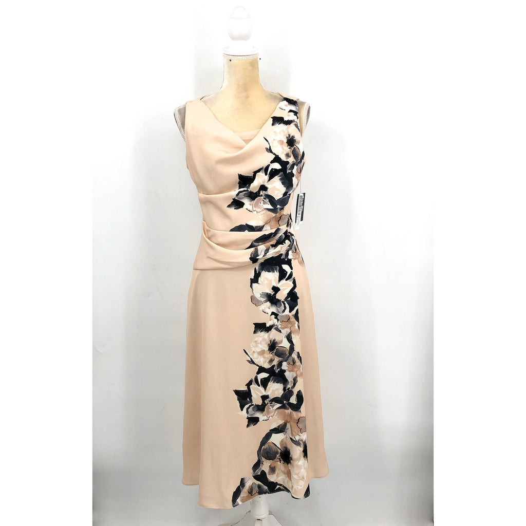 DKNY Women's Floral Cocktail Midi Dress Size 4 Elegant Beige Cowlneck NWT