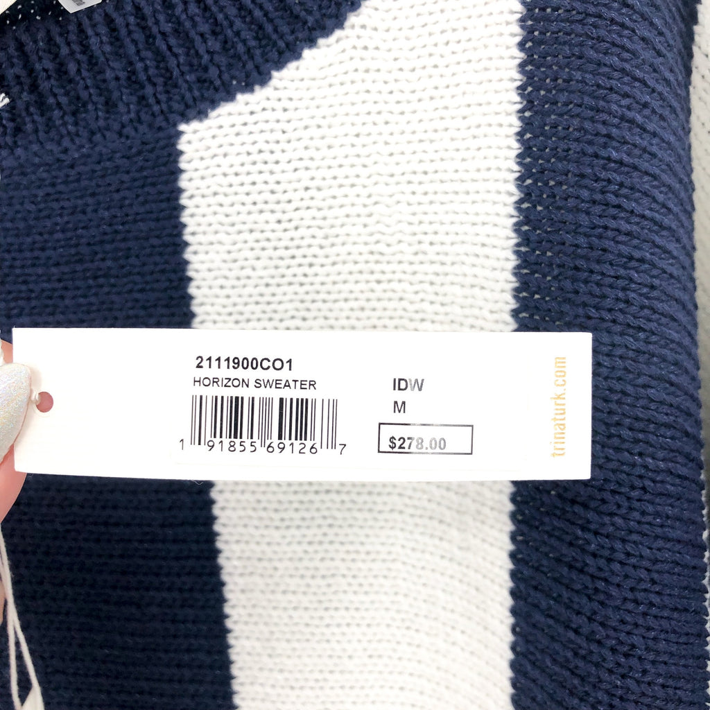 TRINA TURK Women's Horizon Striped Sweater Medium Navy White Boatneck NWT