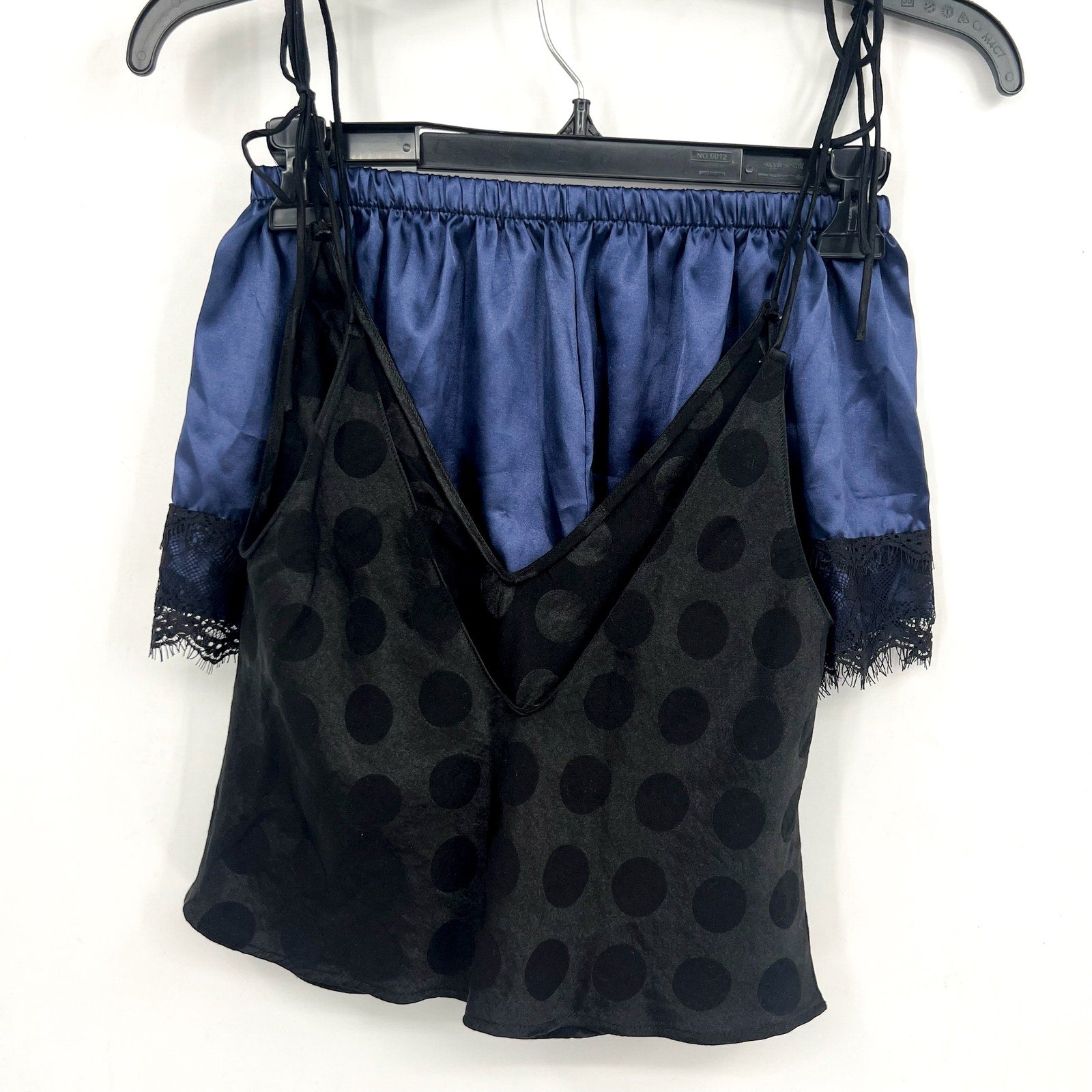 VICTORIA'S SECRET Polka Dot Satin Cami & Shorts Set XS Black Blue Lace Trim NWOT