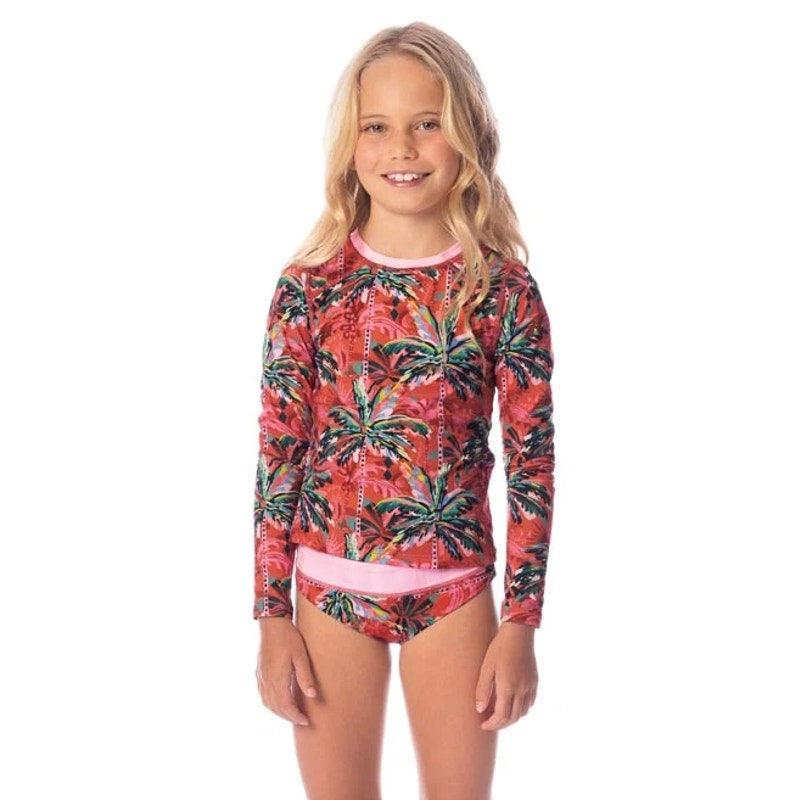 MAAJI Girl's Odyssey Rashguard Swim Top Size 12 Red Flame Palms Long Sleeve NWT
