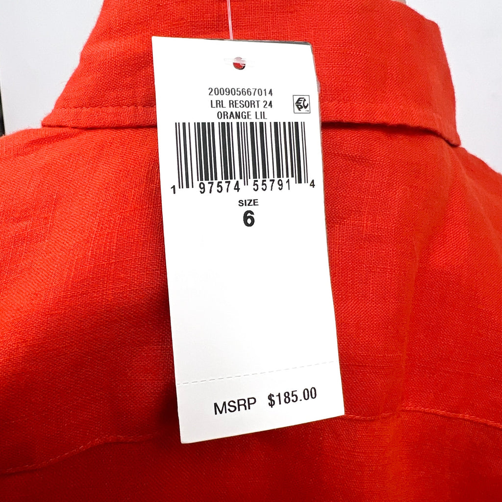 LAUREN RALPH LAUREN Tie-Front Linen Shirtdress Size 6 Orange Short Sleeve NWT