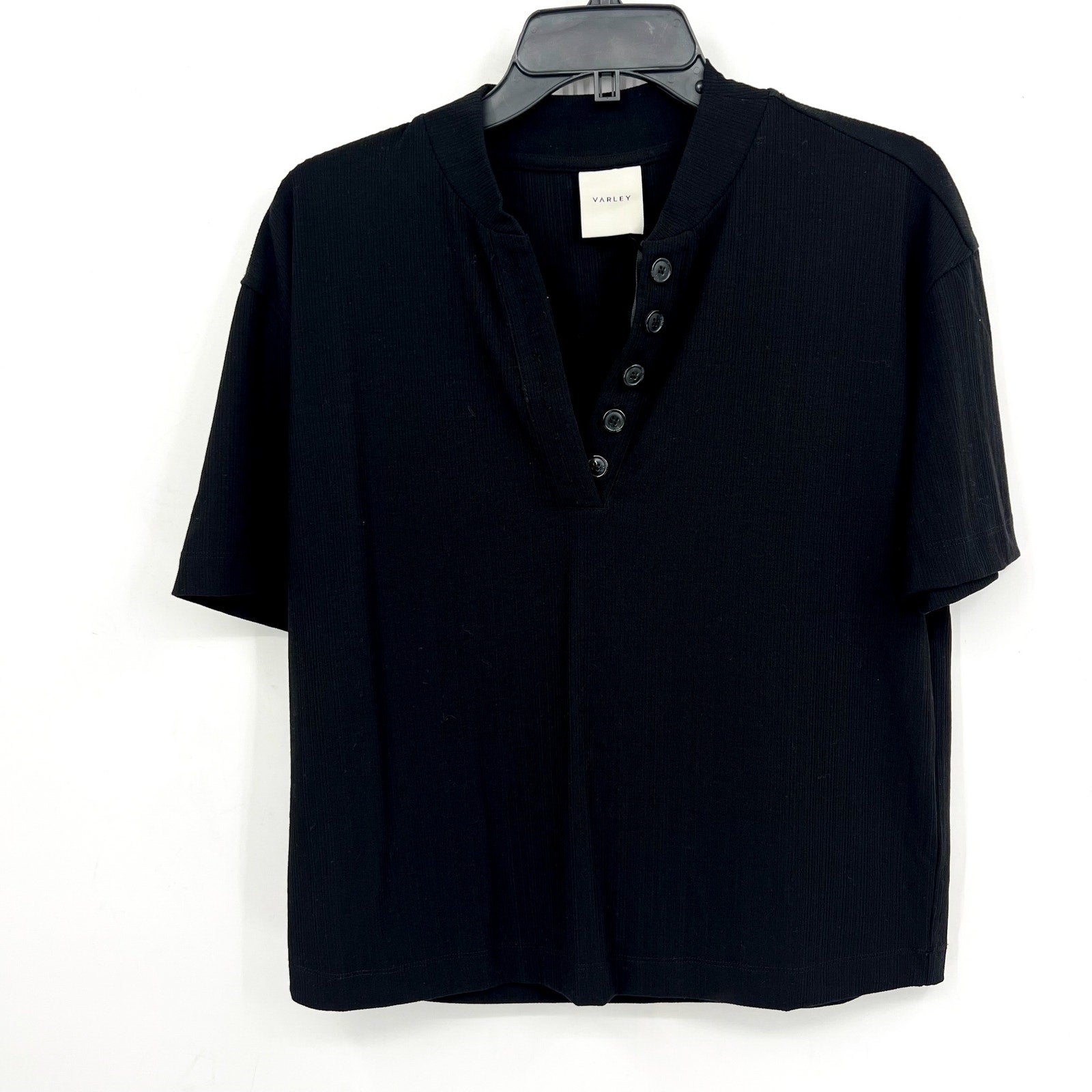 VARLEY Women's Kasey Mock Placket Rib Tee Small Black Short Sleeve NWT
