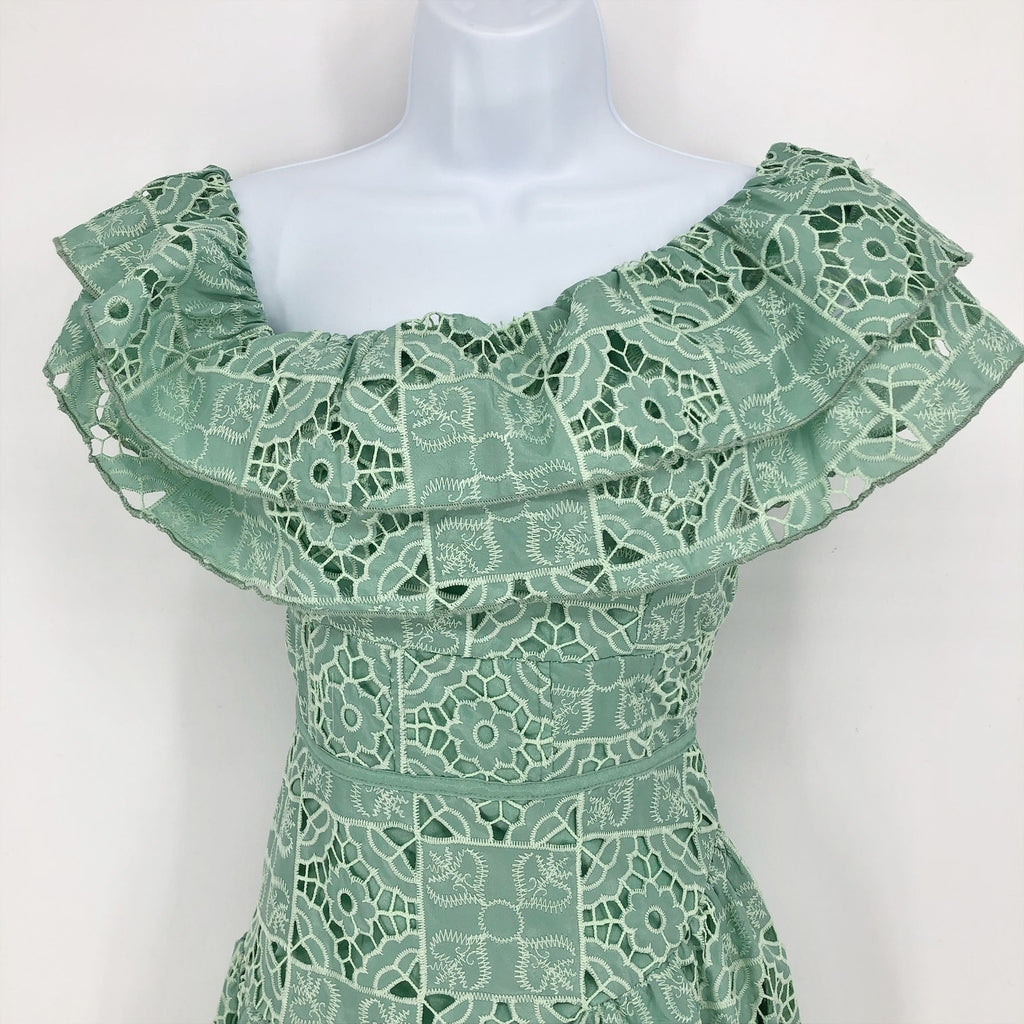 ASOS DESIGN One Shoulder Midi Dress Small Sage Green Patched Lace Ruffle NWOT