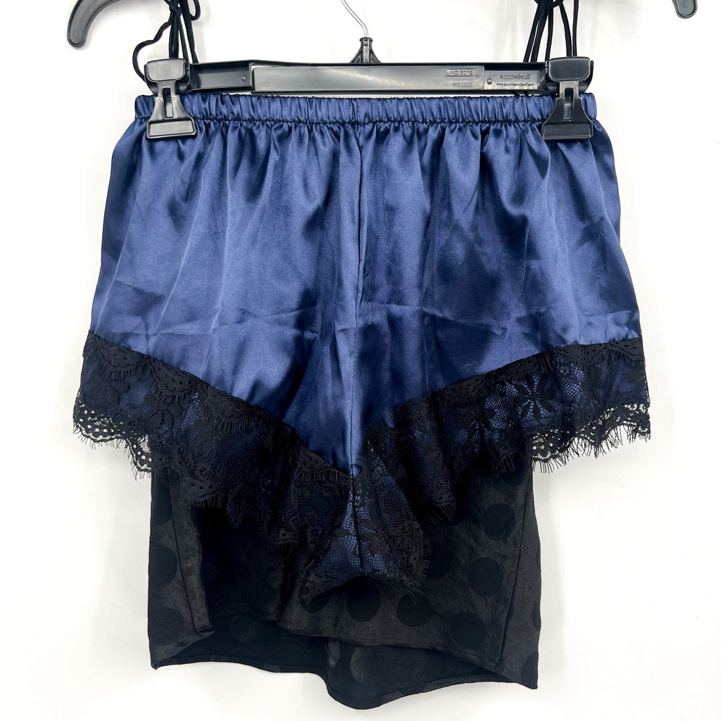 VICTORIA'S SECRET Polka Dot Satin Cami & Shorts Set XS Black Blue Lace Trim NWOT