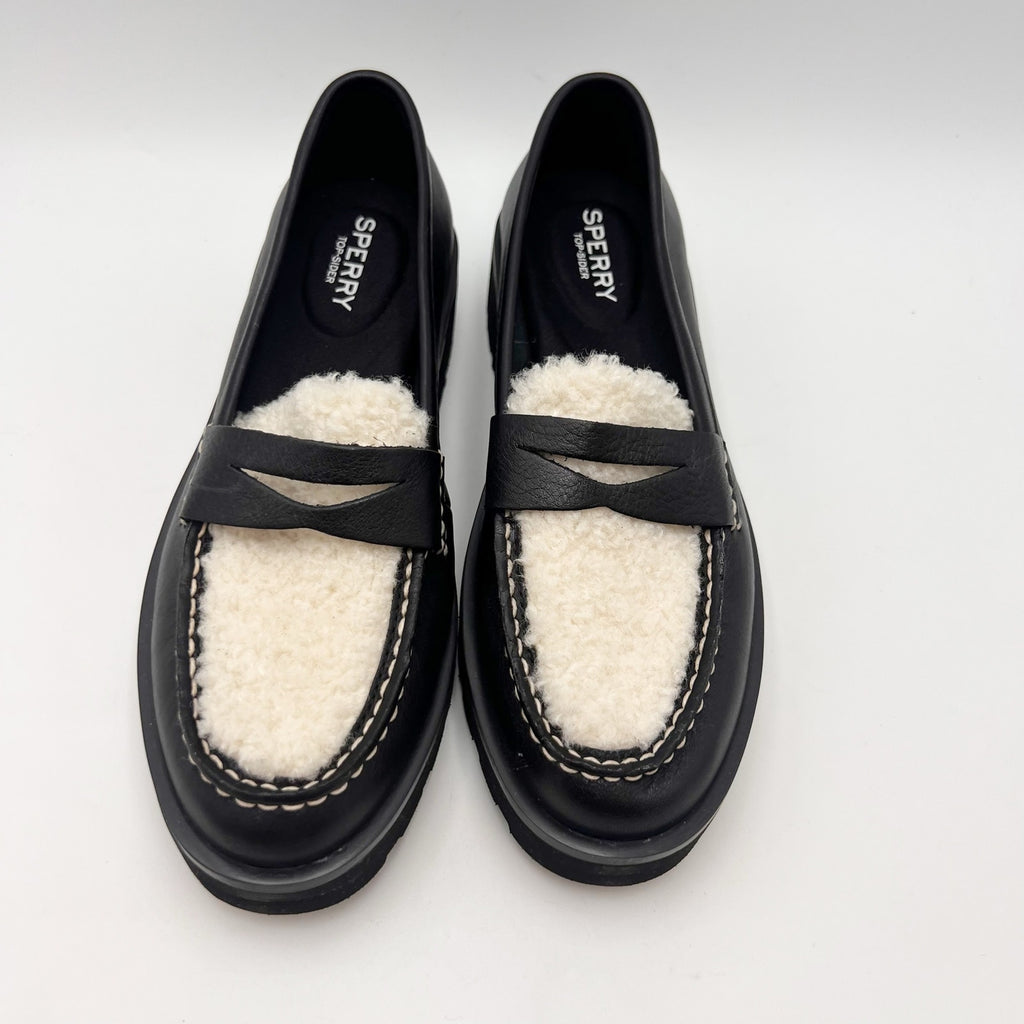 Sperry Womens Chunky Penny Loafers Size 6.5 M Black Leather Shearling Top NWOB