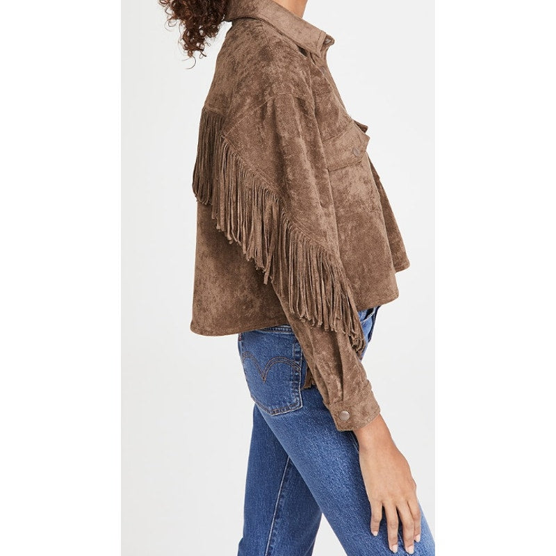 BLANKNYC Women's Faux Suede Fringe Jacket Medium Brown Hot Cocoa Long Sleeve NWT