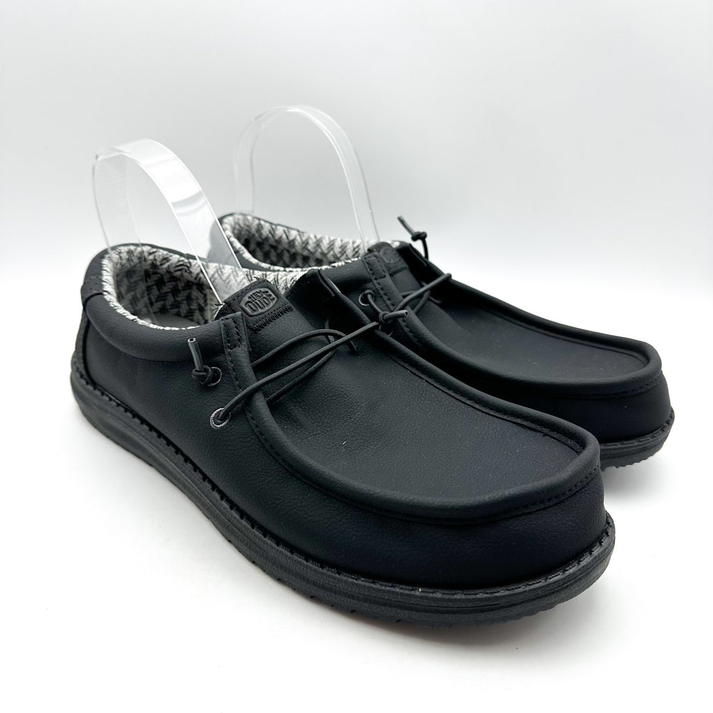 HEY DUDE Mens Wally Classic Sneakers Size 11 Black Faux Leather Slip On NWOB