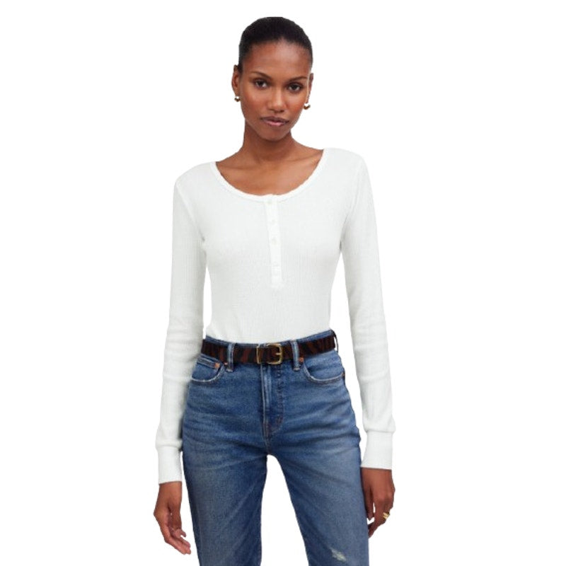 MADEWELL Women's Waffle-Knit Scoopneck Henley Tee Medium White NS612 NWT