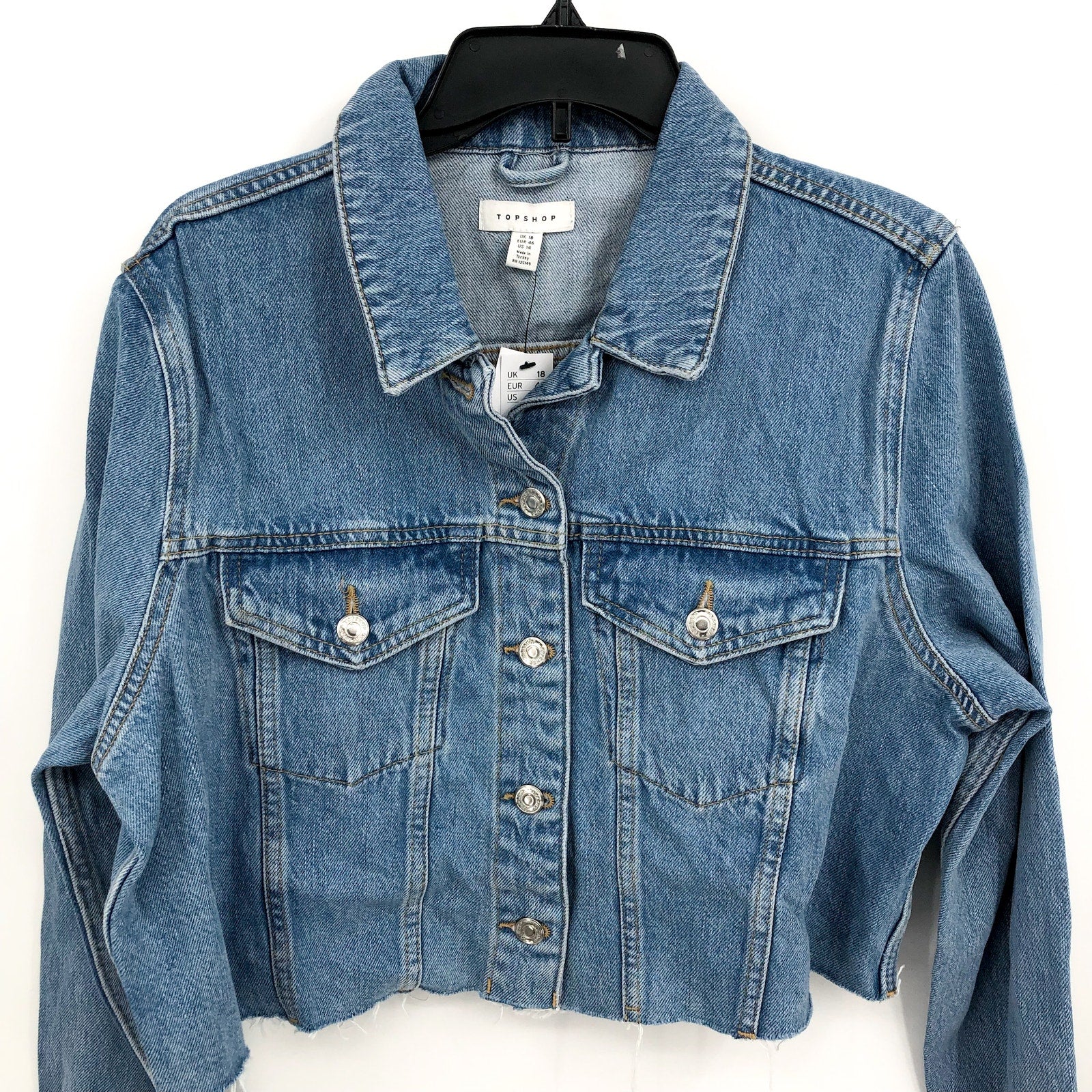 TOPSHOP Womens Cropped Denim Jacket Size 14 Blue Rigid Denim Raw Hem NWT